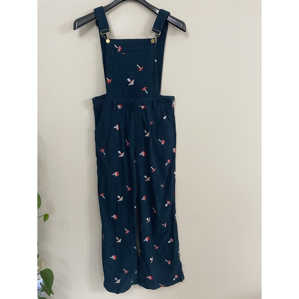 CIDER Blue Corduroy Wide-Leg Jumpsuit Mushroom Embroidered Square Neck Size M - Picture 8 of 10